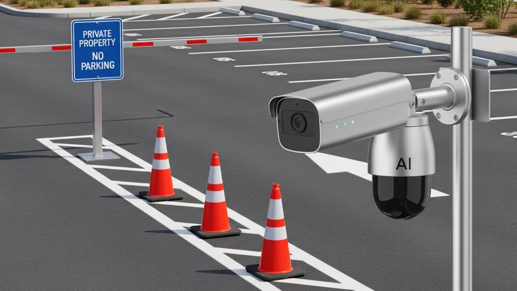 カラーコーンと監視カメラが設置された管理の行き届いた駐車場