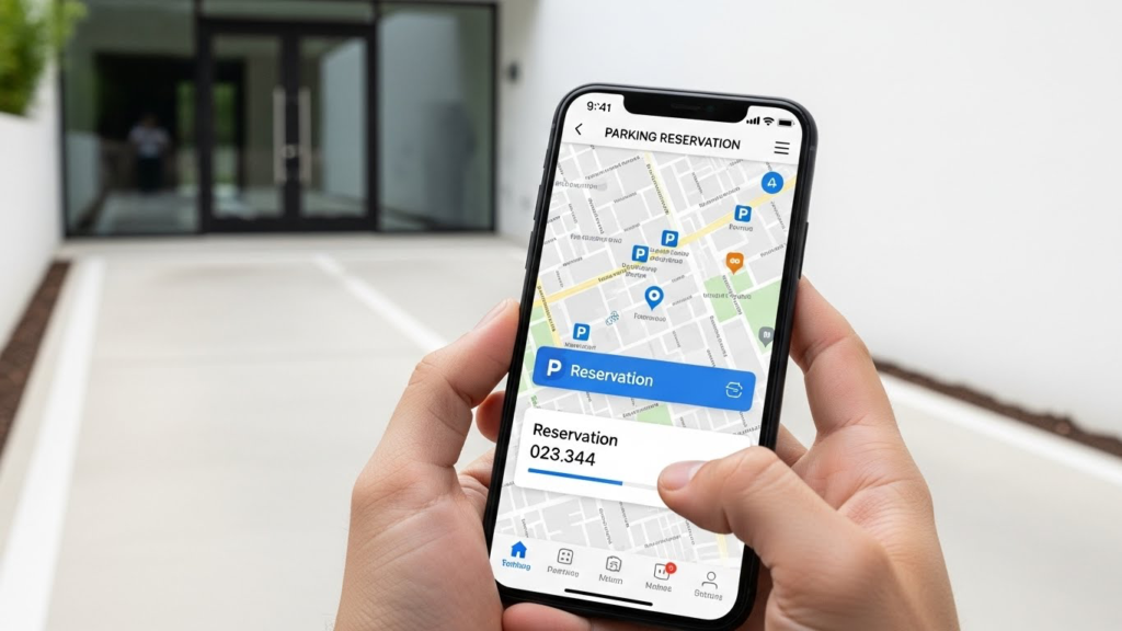スマートフォンで駐車場予約アプリを操作し空きスペースを管理する様子